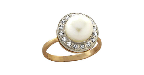 кт213 Золотое кольцо «Жемчуг в окружении фианитов».