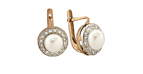 кт214 Золотые серьги «Жемчуг в окружении фианитов».