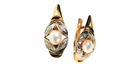 кт216 Золотые серьги двухцветные с жемчугом 