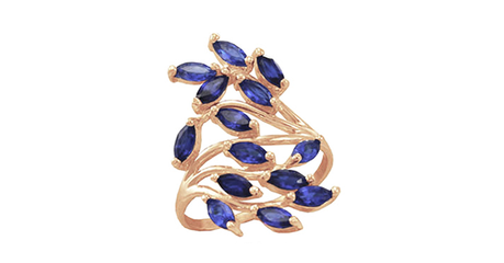 кт237 Женское золотое кольцо с синими маркизами «Ботаническая абстракция»