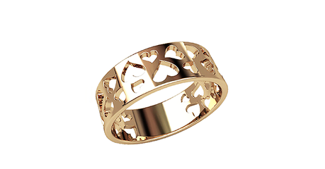 кц019 Золотое широкое кольцо с вырезами в форме сердечек