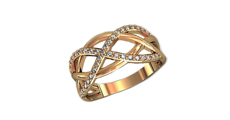 кц039 Переплетённое золотое кольцо с фианитами