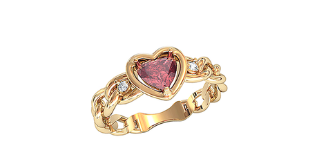 кц233 Золотое кольцо с красным сердцем. 