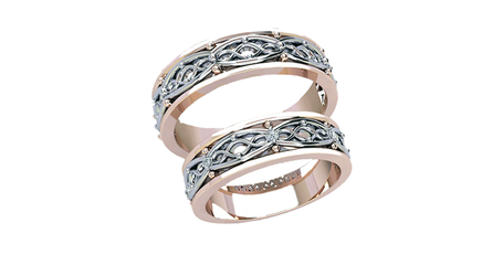 ко044 Кольца обручальные с накладкой из белого золота «Кружево на благородном металле»