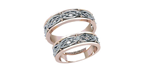 ко044 Кольца обручальные с накладкой из белого золота «Кружево на благородном металле»