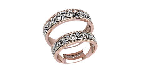 ко045 Кольца обручальные с ажурной накладкой из белого золота 