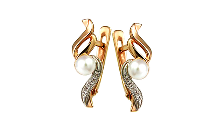 ср166 Золотые серьги с накладками из белого золота и жемчугом 