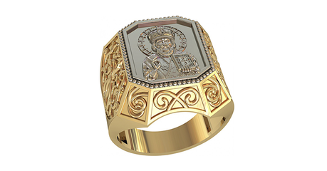 пч034 Золотой перстень с изображением Святого Николая Чудотворца.