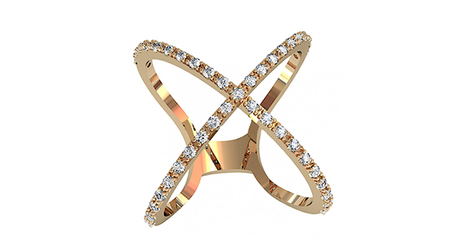 кц337 Золотое перекрёстное кольцо с россыпью камней.