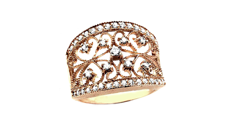 кц348 Широкое ажурное золотое кольцо с фианитами