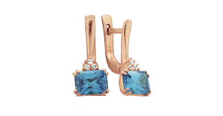 кт310 Золотые серьги с голубым октагоном.