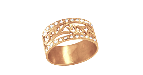 кт405 Нежное золотое кольцо с узором и фианитами.