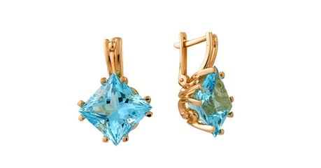 ср121 Золотые серьги с голубыми вставками.