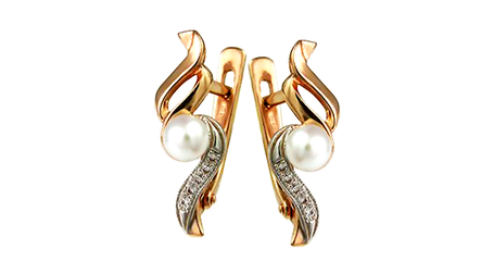 ср159 Золотые серьги с накладками из белого золота и жемчугом 