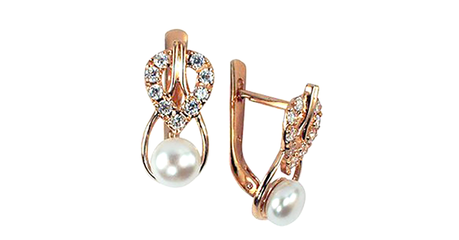 ср162 Золотые серьги с жемчугом и мелкими фианитами 